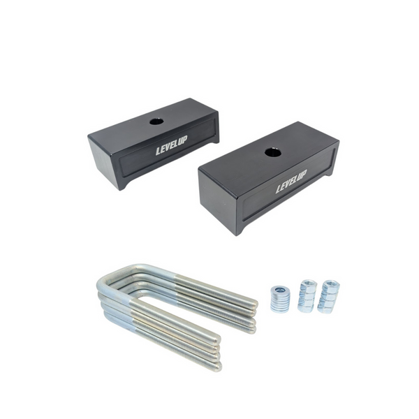 Two leveling blocks with hardware on a white background, featuring the 'Level Up' brand.