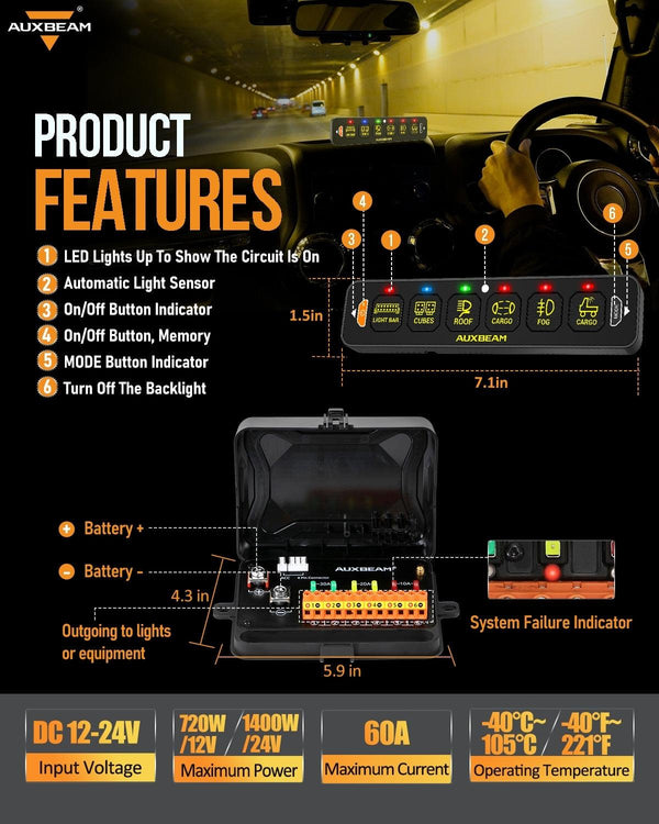 Auxbeam AS-600 6 Gang RGB Slim Switch Panel with APP & Remote Control