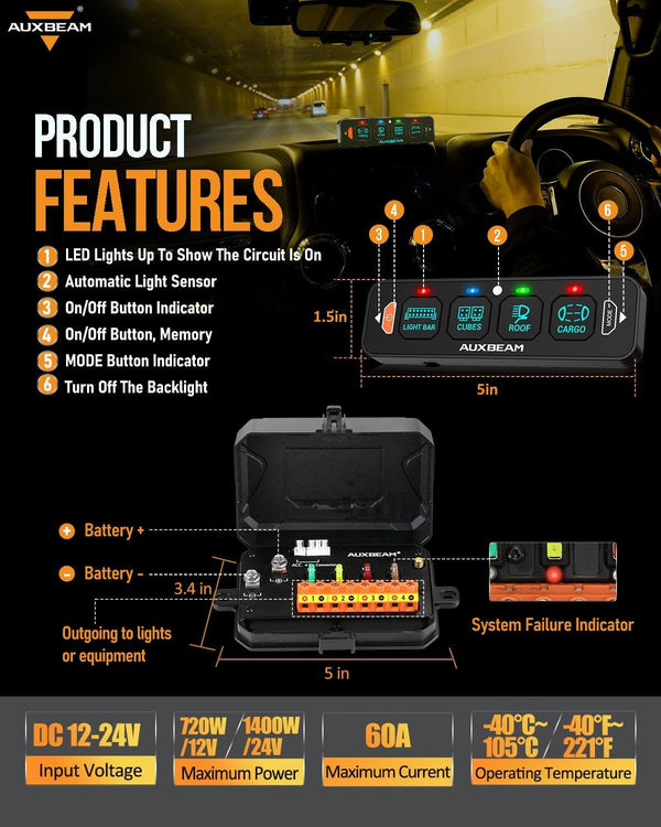 Auxbeam AS-400 4 Gang RGB Slim Switch Panel with APP & Remote Control