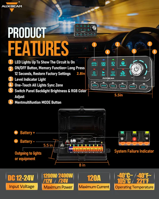 AUXBEAM KS-80 Knob RGB Switch Panel MAX 120A ,Light Dimming, Dynamic Chase, Four External Triggers, 4 Modes