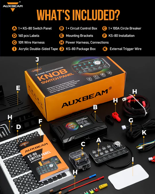 AUXBEAM KS-80 Knob RGB Switch Panel MAX 120A ,Light Dimming, Dynamic Chase, Four External Triggers, 4 Modes