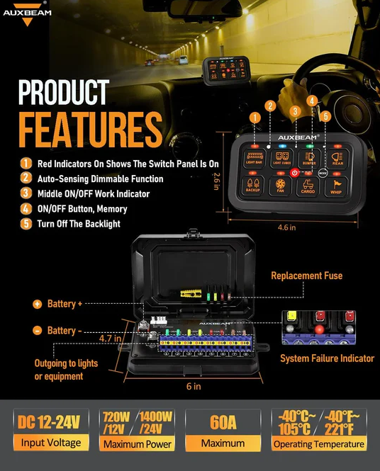 AUXBEAM RGB Series 6 Gang LED Switch Panel,Off Road Light Controller
