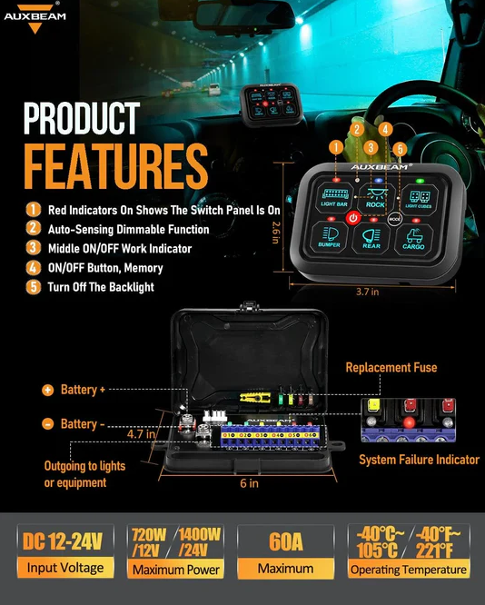 AUXBEAM RGB Series 6 Gang LED Switch Panel,Off Road Light Controller