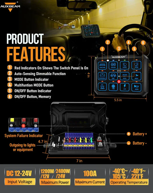 AUXBEAM RGB Series 6 Gang LED Switch Panel,Off Road Light Controller
