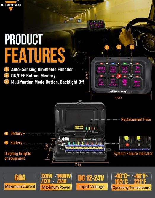 AUXBEAM AR Series 8 Gang LED Switch Panel,Off Road Light Controller
